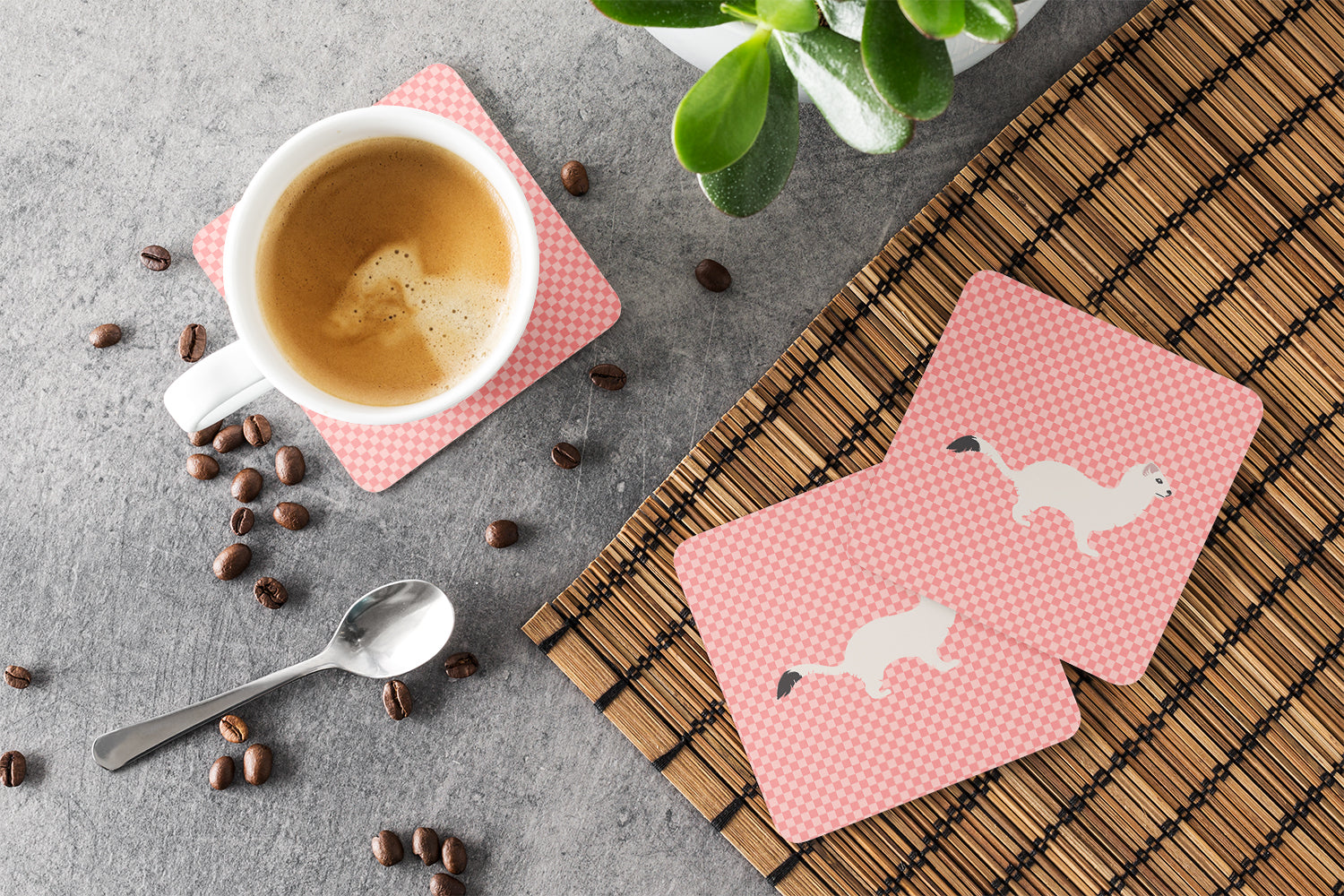 Stoat Short-tailed Weasel Pink Check Foam Coasters Set of 4 Cup Coasters for Indoor Outdoor, Tabletop Protection, Anti Slip, Mouse pad Material