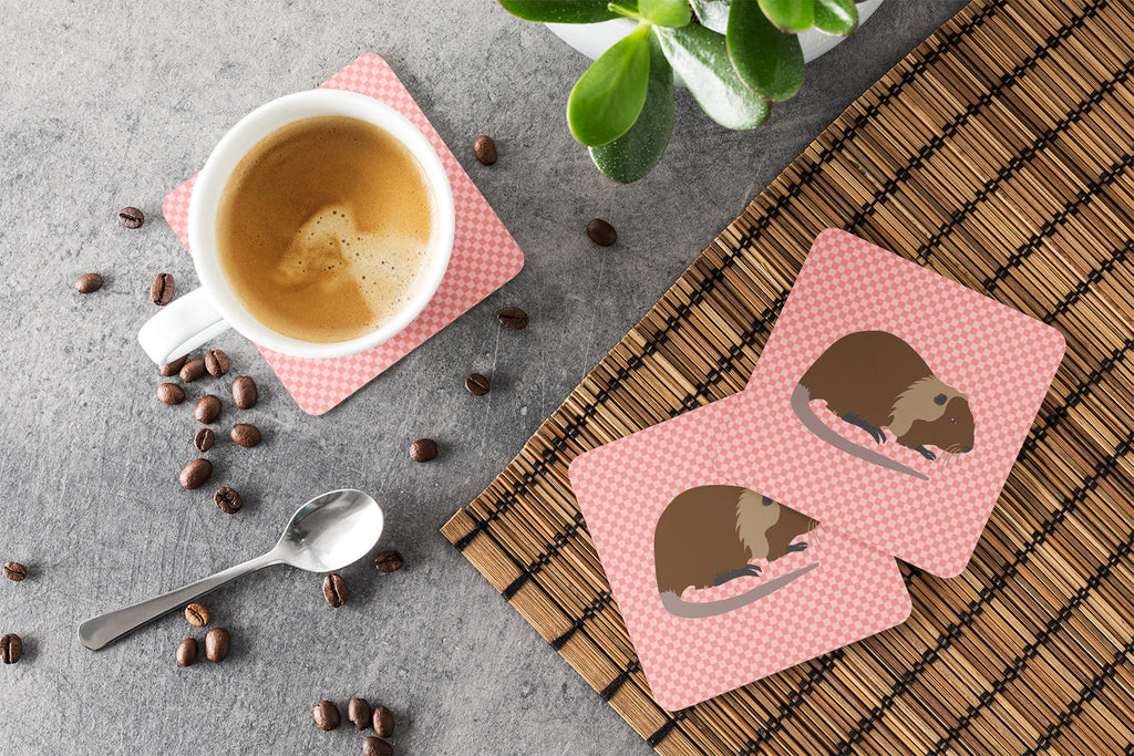 Coypu Nutria River Rat Pink Check Foam Coasters Set of 4 Cup Coasters for Indoor Outdoor, Tabletop Protection, Anti Slip, Mouse pad Material