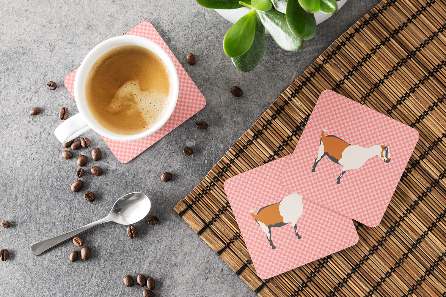Alpine Goat Pink Check Foam Coasters Set of 4 Cup Coasters for Indoor Outdoor, Tabletop Protection, Anti Slip, Mouse pad Material