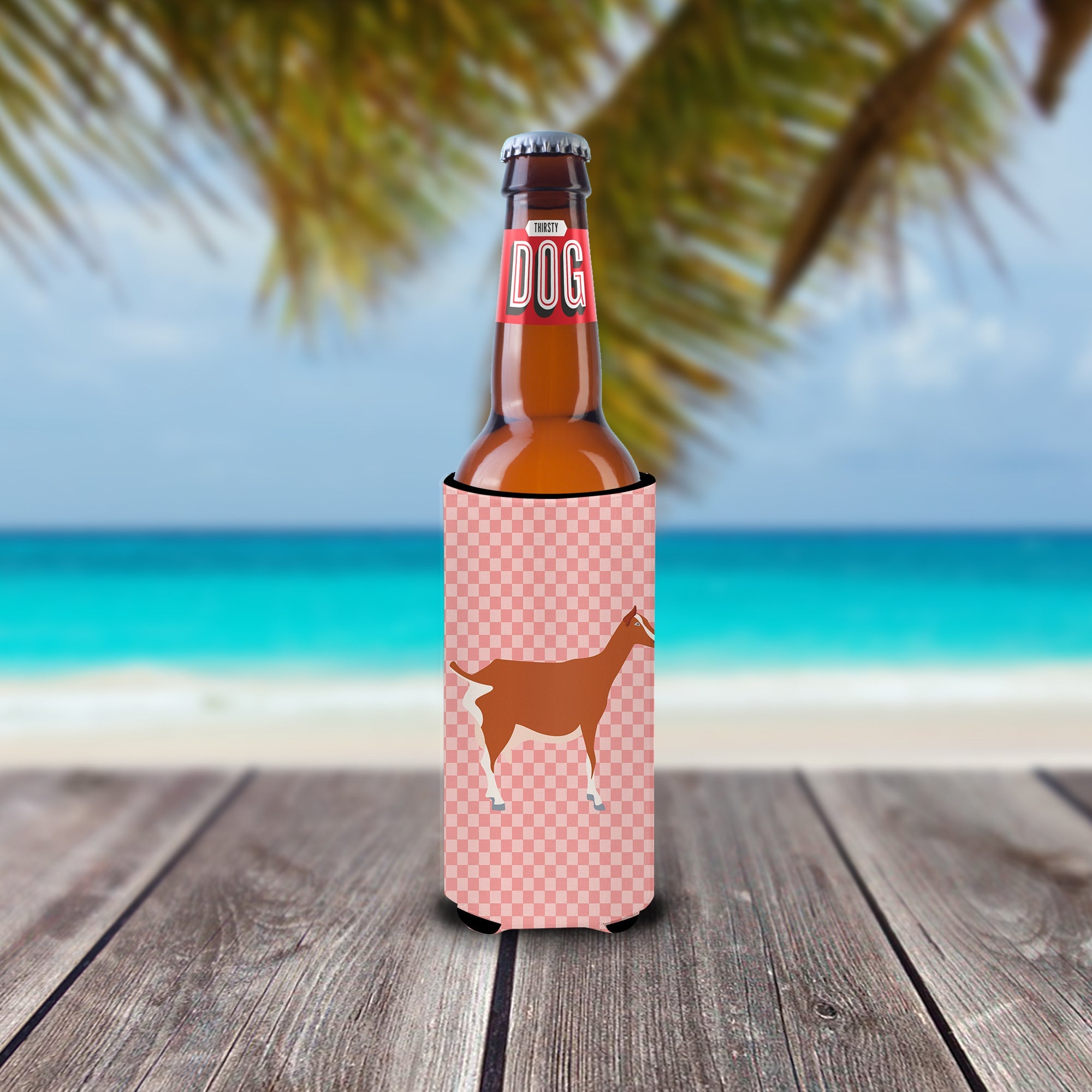 Toggenburger Goat Pink Check Slim Can Hugger , Insulated Foam Hugger for 12 oz Slim Cans, Beer Bottles & Water Bottles, Printed in USA