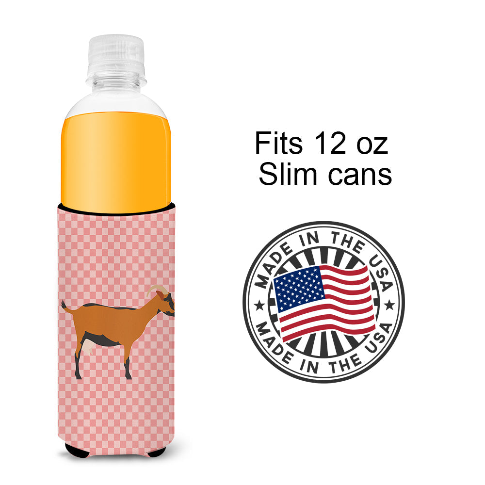 Oberhasli Goat Pink Check Slim Can Hugger , Insulated Foam Hugger for 12 oz Slim Cans, Beer Bottles & Water Bottles, Printed in USA
