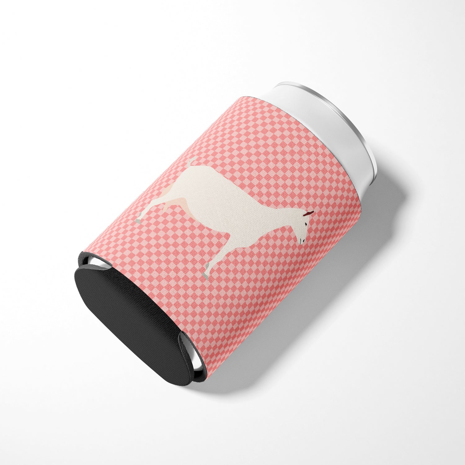 Saanen Goat Pink Check Can or Bottle Hugger Cooler Sleeve for Standard 12 oz Cans, Insulated Foam Beer & Soda Can Hugger Reusable