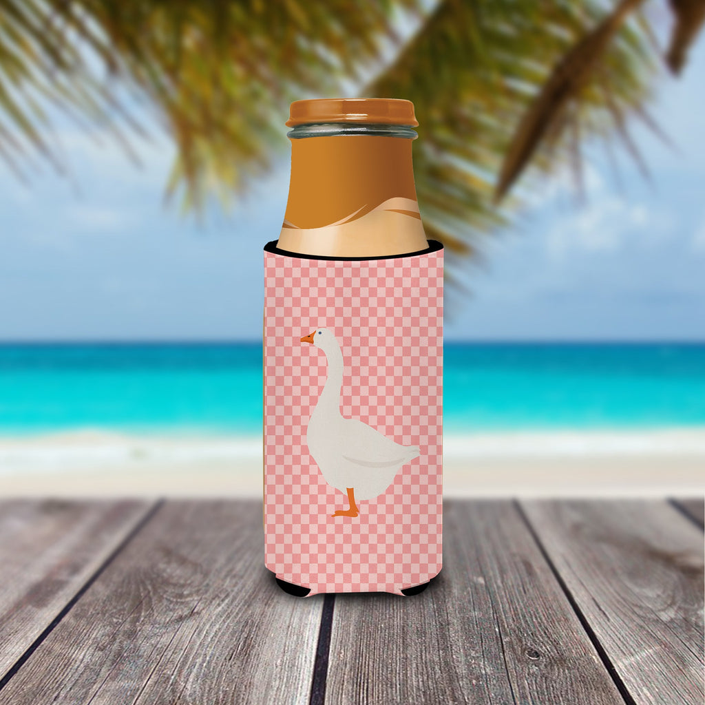 Embden Goose Pink Check Slim Can Hugger , Insulated Foam Hugger for 12 oz Slim Cans, Beer Bottles & Water Bottles, Printed in USA