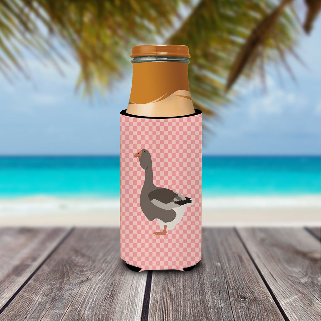 Toulouse Goose Pink Check Slim Can Hugger , Insulated Foam Hugger for 12 oz Slim Cans, Beer Bottles & Water Bottles, Printed in USA