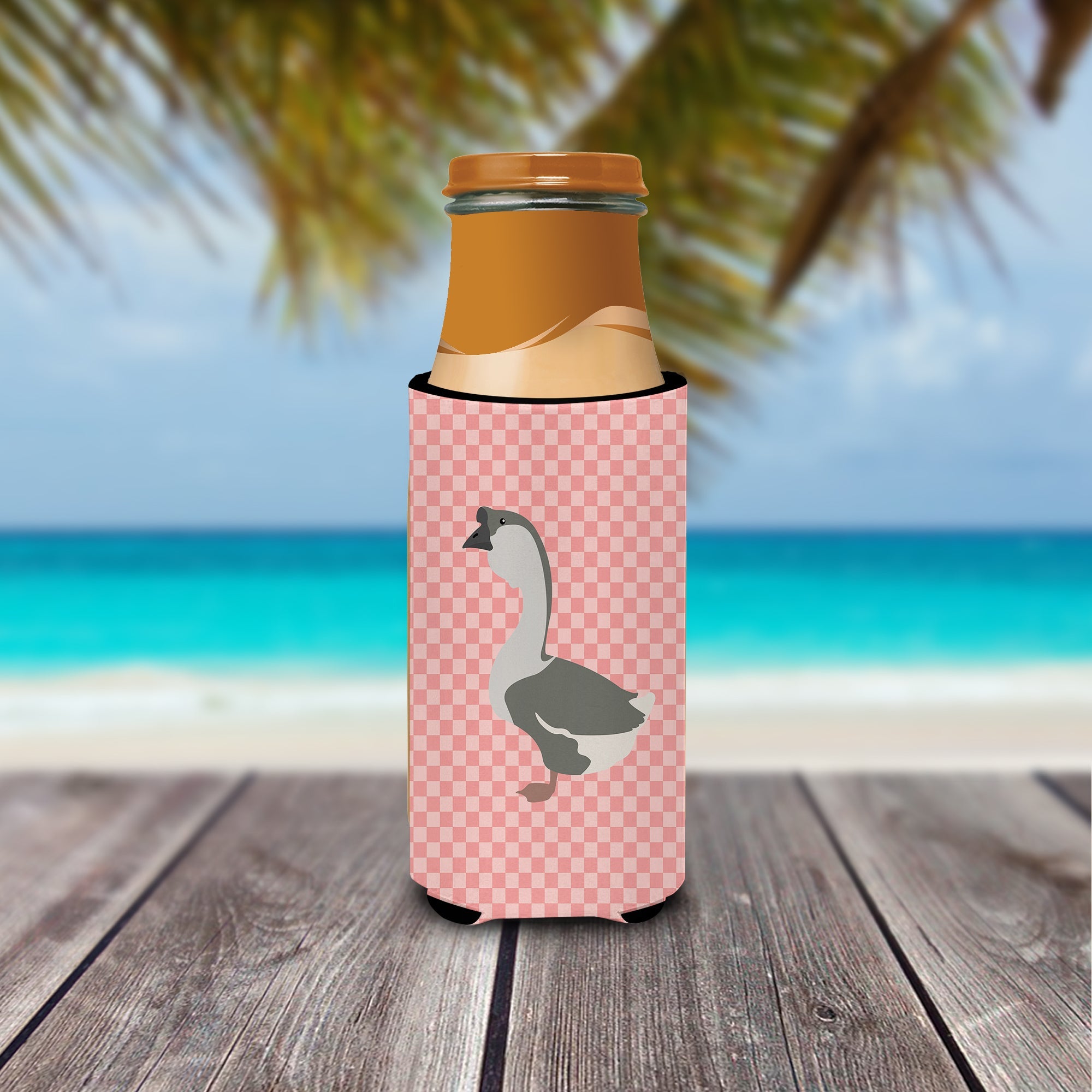 African Goose Pink Check Slim Can Hugger , Insulated Foam Hugger for 12 oz Slim Cans, Beer Bottles & Water Bottles, Printed in USA