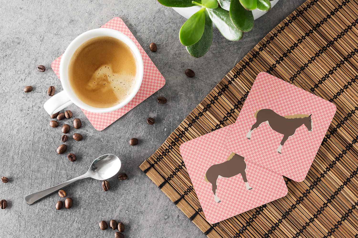 Percheron Horse Pink Check Foam Coasters Set of 4 Cup Coasters for Indoor Outdoor, Tabletop Protection, Anti Slip, Mouse pad Material