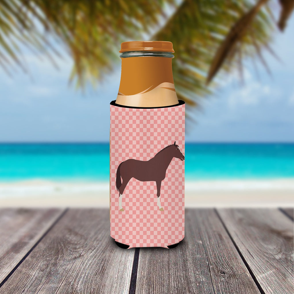 English Thoroughbred Horse Pink Check Slim Can Hugger , Insulated Foam Hugger for 12 oz Slim Cans, Beer Bottles & Water Bottles, Printed in USA