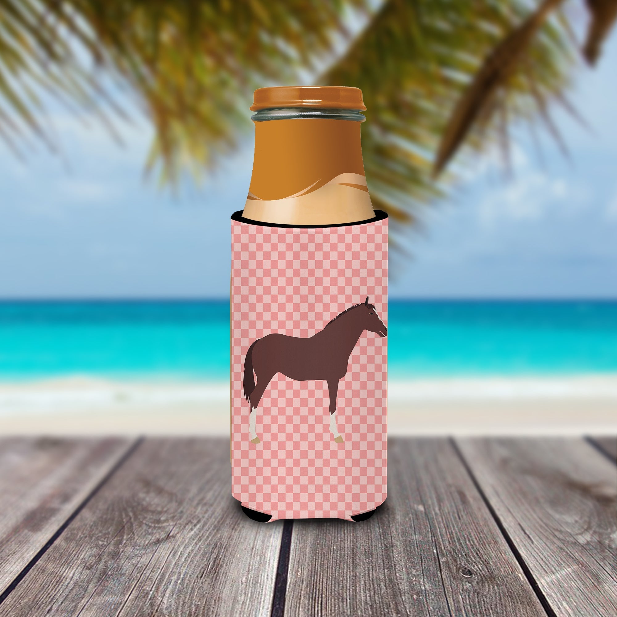 English Thoroughbred Horse Pink Check Slim Can Hugger , Insulated Foam Hugger for 12 oz Slim Cans, Beer Bottles & Water Bottles, Printed in USA
