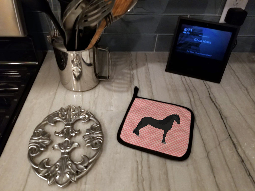 Friesian Horse Pink Check Pot Holder Set of 2 Heat Resistant Quilted Hot Pads 7.5 x 7.5 Inch, Insulated Kitchen Trivets for Cooking & Baking