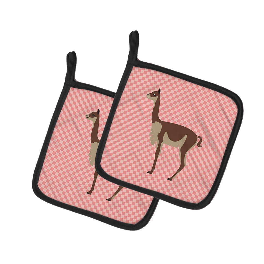 Vicugna or Vicuna Pink Check Pot Holder Set of 2 Heat Resistant Quilted Hot Pads 7.5 x 7.5 Inch, Insulated Kitchen Trivets for Cooking & Baking