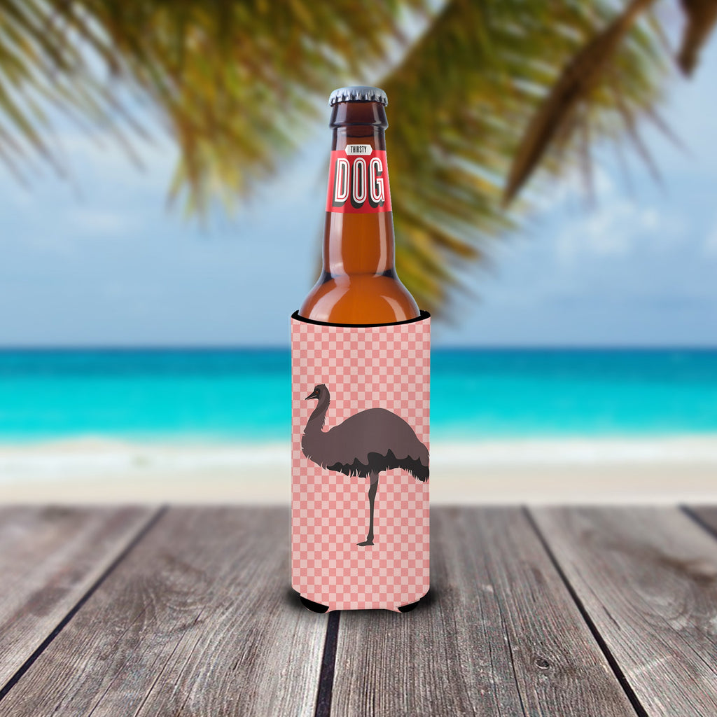 Emu Pink Check Slim Can Hugger , Insulated Foam Hugger for 12 oz Slim Cans, Beer Bottles & Water Bottles, Printed in USA