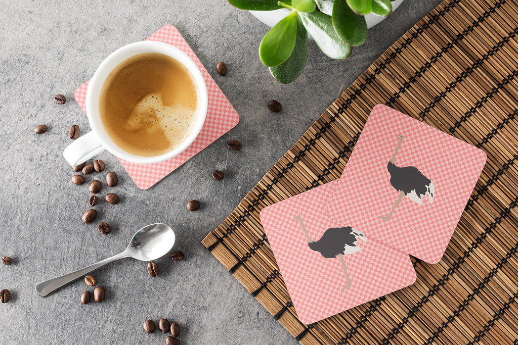 Common Ostrich Pink Check Foam Coasters Set of 4 Cup Coasters for Indoor Outdoor, Tabletop Protection, Anti Slip, Mouse pad Material