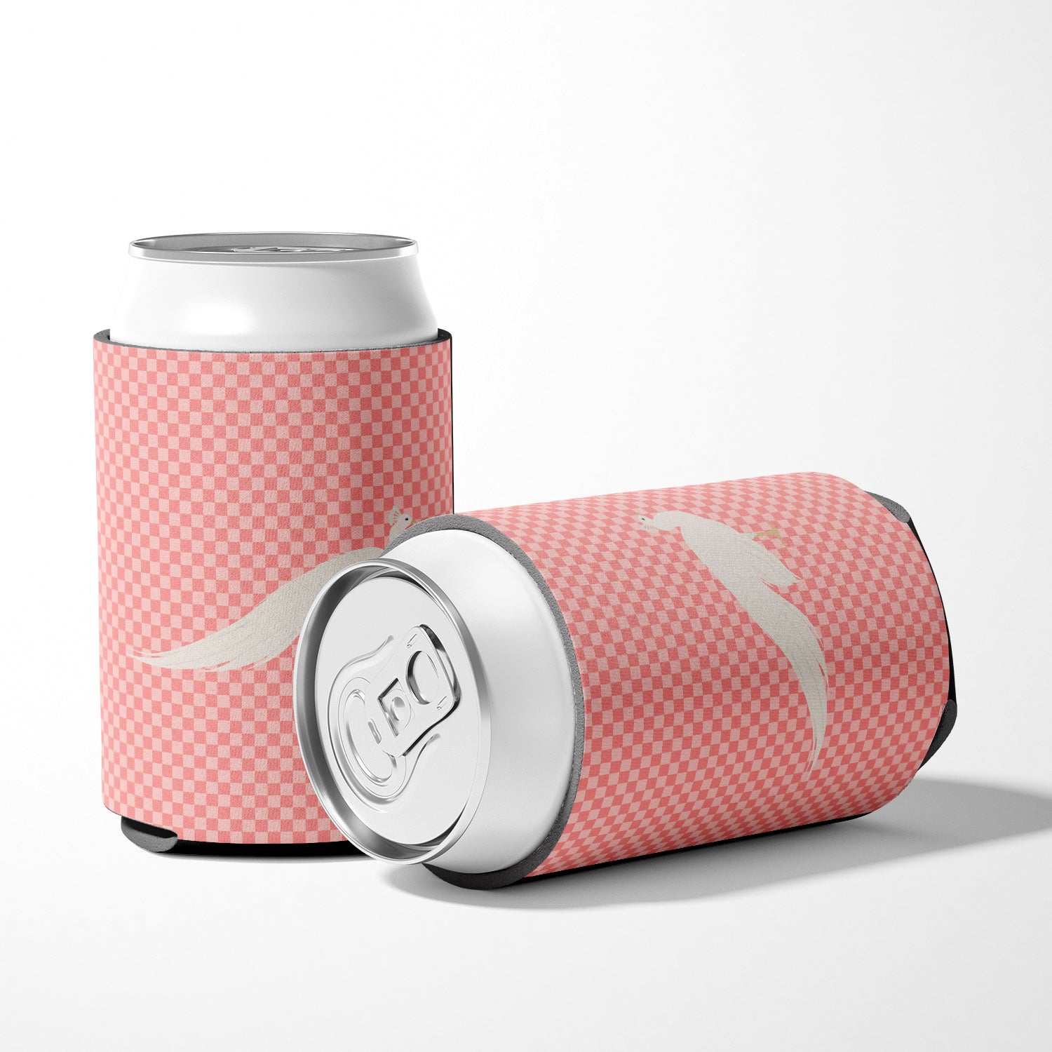 White Peacock Peafowl Pink Check Can or Bottle Hugger Cooler Sleeve for Standard 12 oz Cans, Insulated Foam Beer & Soda Can Hugger Reusable