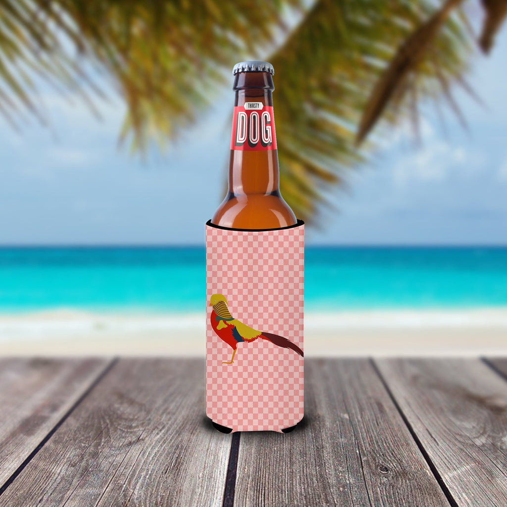 Golden or Chinese Pheasant Pink Check Slim Can Hugger , Insulated Foam Hugger for 12 oz Slim Cans, Beer Bottles & Water Bottles, Printed in USA