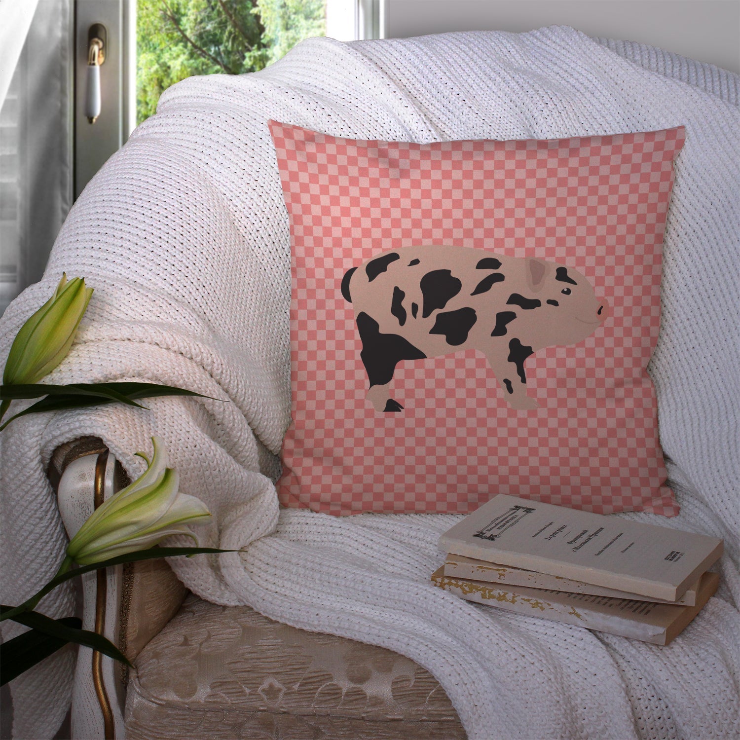Mini Miniature Pig Pink Check Decorative Throw Pillow 14x14 Indoor Outdoor Accent Cushion, Fabric Cover with Insert for Sofa, Bed, Porch & Living Room