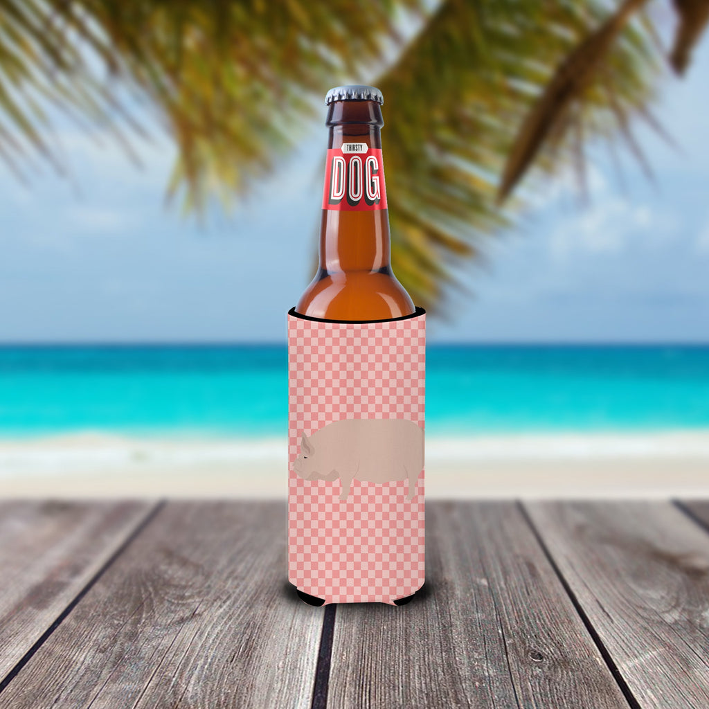 Welsh Pig Pink Check Slim Can Hugger , Insulated Foam Hugger for 12 oz Slim Cans, Beer Bottles & Water Bottles, Printed in USA