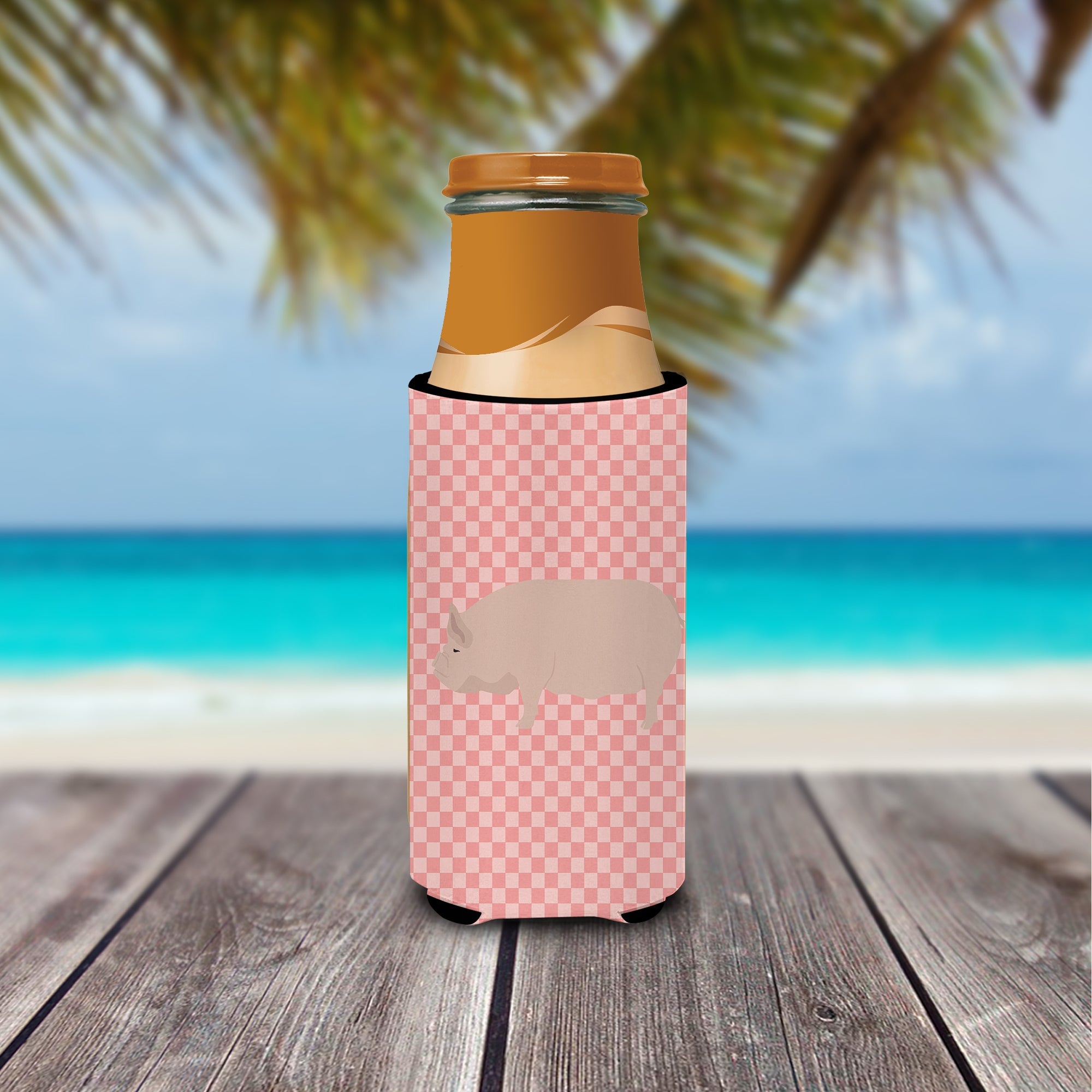 Welsh Pig Pink Check Slim Can Hugger , Insulated Foam Hugger for 12 oz Slim Cans, Beer Bottles & Water Bottles, Printed in USA