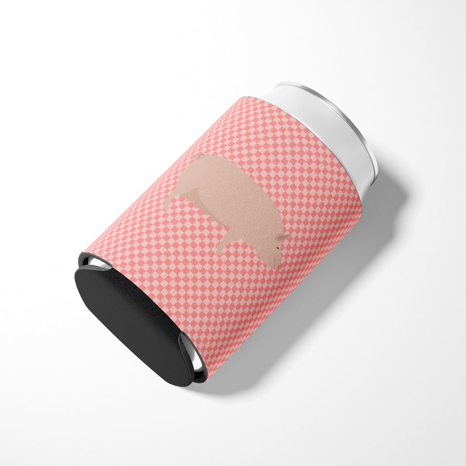 English Large White Pig Pink Check Can or Bottle Hugger Cooler Sleeve for Standard 12 oz Cans, Insulated Foam Beer & Soda Can Hugger Reusable