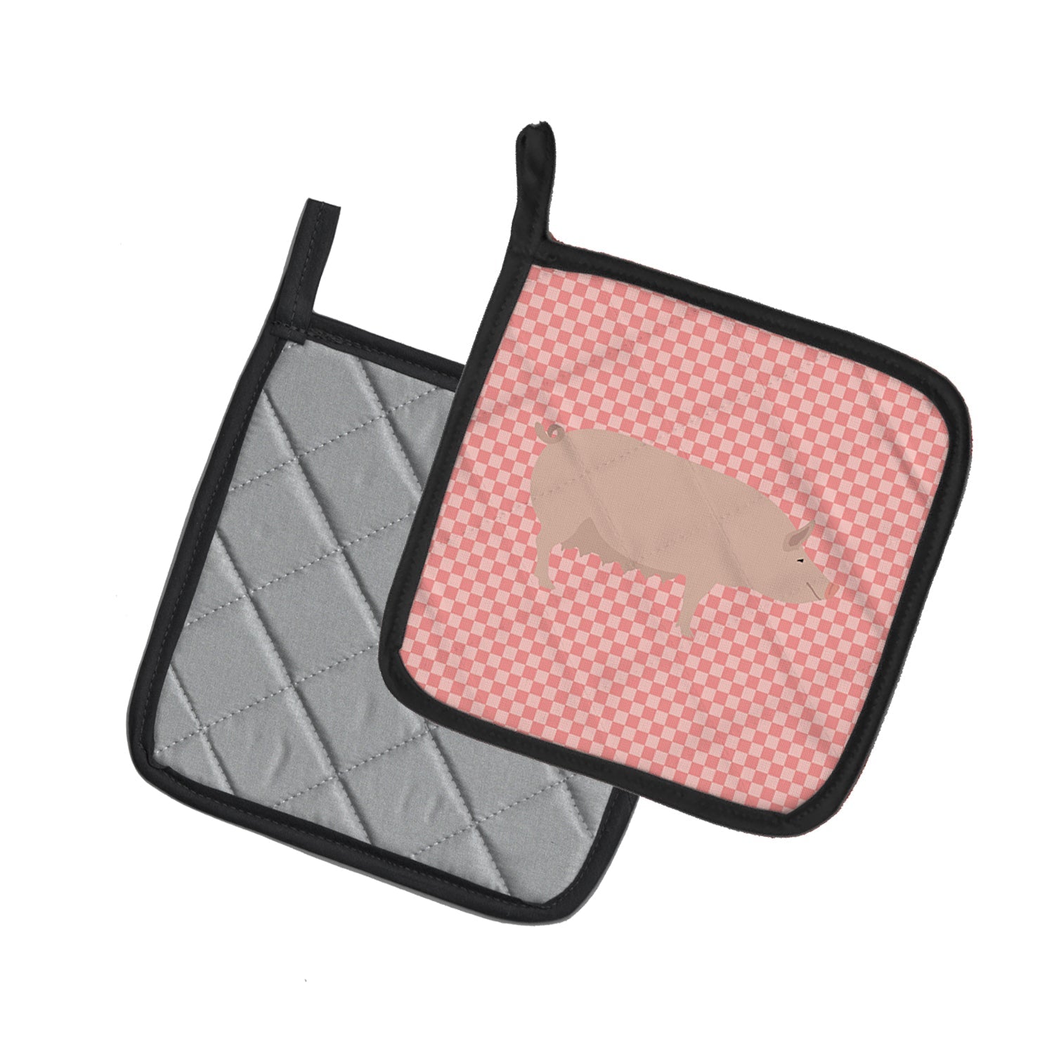 English Large White Pig Pink Check Pot Holder Set of 2 Heat Resistant Quilted Hot Pads 7.5 x 7.5 Inch, Insulated Kitchen Trivets for Cooking & Baking