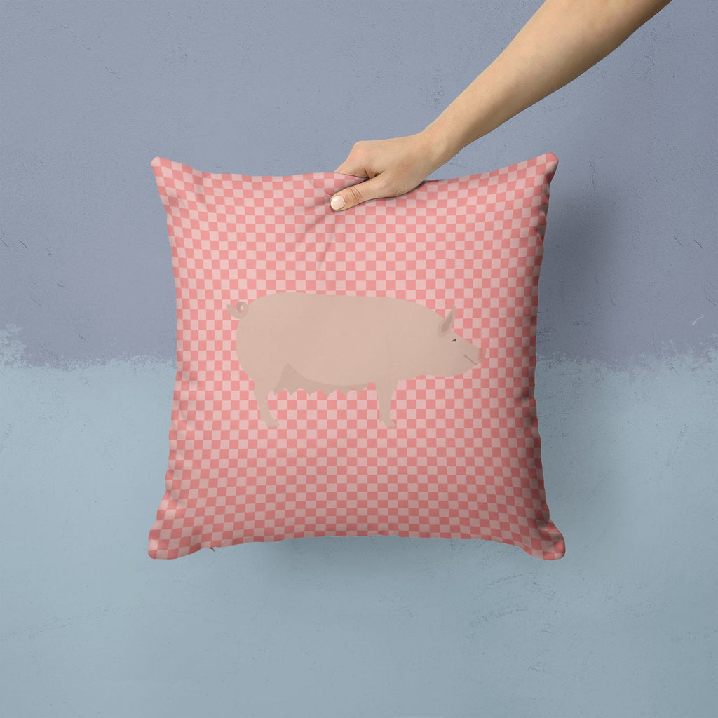 English Large White Pig Pink Check Decorative Throw Pillow 14x14 Indoor Outdoor Accent Cushion, Fabric Cover with Insert for Sofa, Bed, Porch & Living Room
