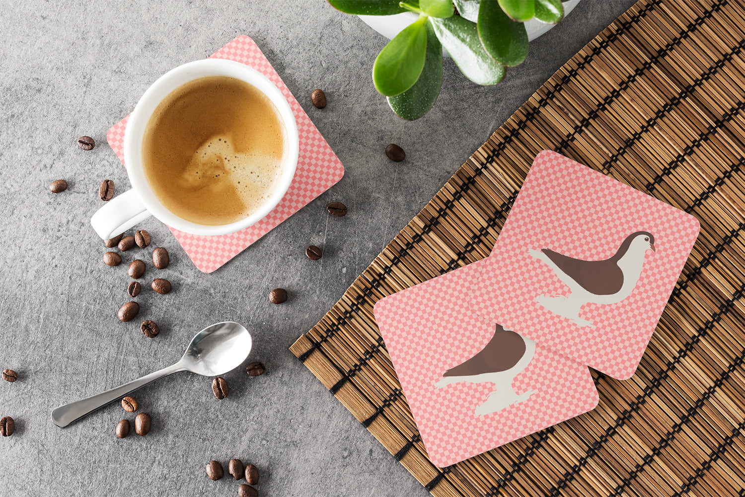 Large Pigeon Pink Check Foam Coasters Set of 4 Cup Coasters for Indoor Outdoor, Tabletop Protection, Anti Slip, Mouse pad Material
