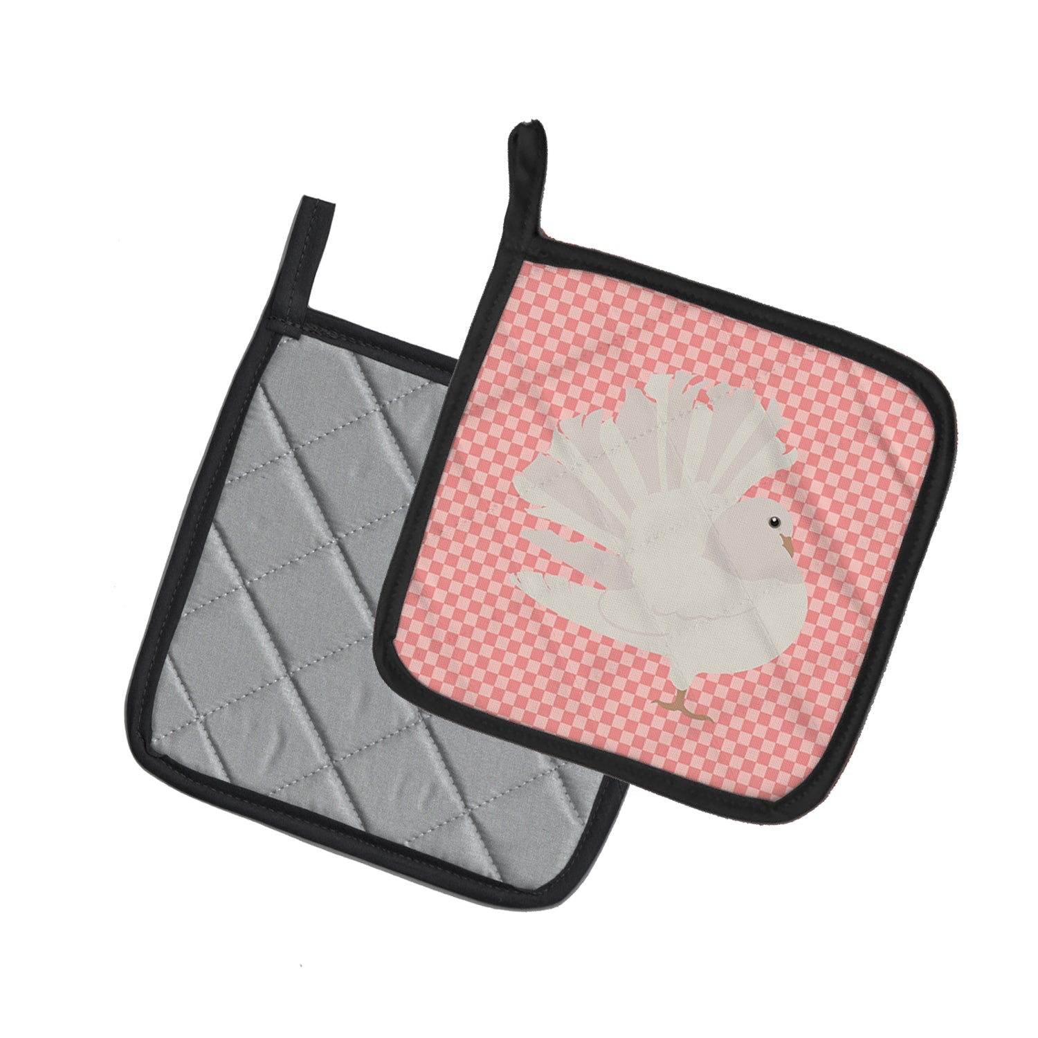 Silver Fantail Pigeon Pink Check Pot Holder Set of 2 Heat Resistant Quilted Hot Pads 7.5 x 7.5 Inch, Insulated Kitchen Trivets for Cooking & Baking