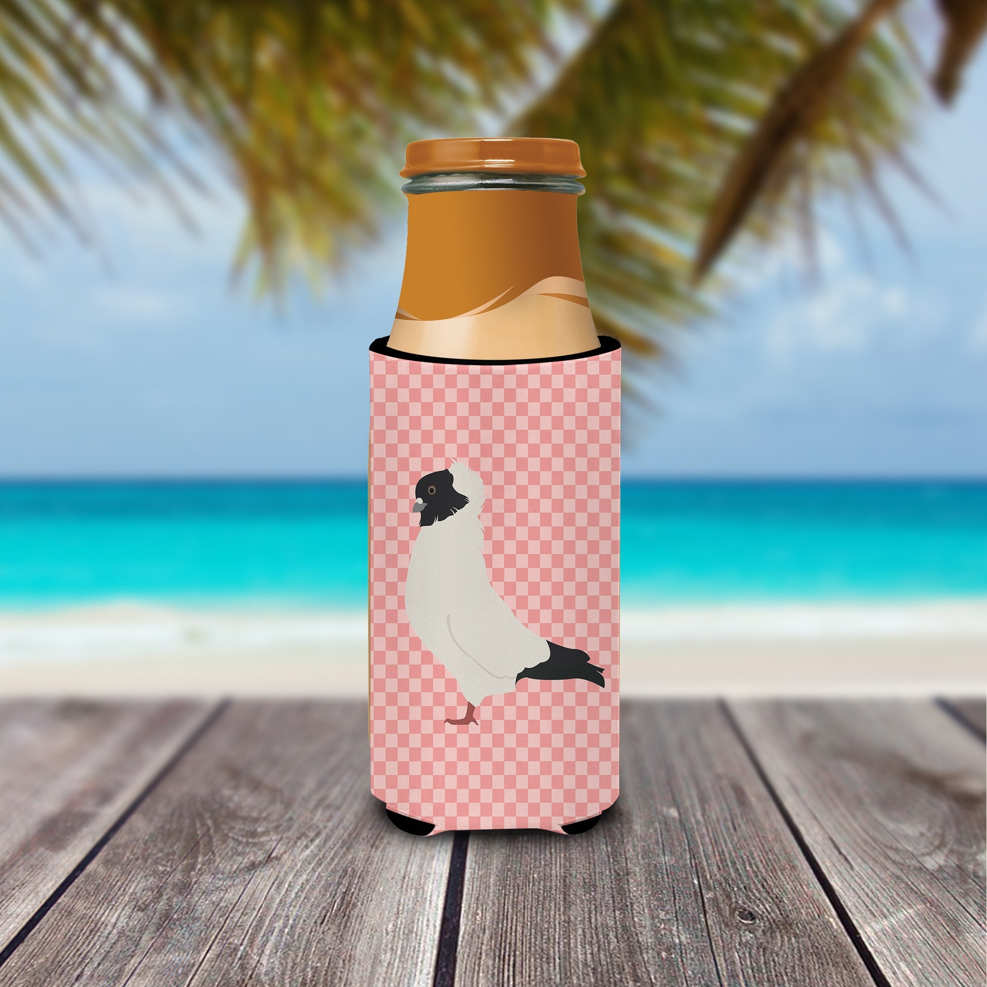Nun Pigeon Pink Check Slim Can Hugger , Insulated Foam Hugger for 12 oz Slim Cans, Beer Bottles & Water Bottles, Printed in USA