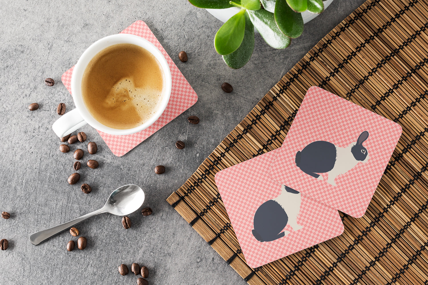 Dutch Rabbit Pink Check Foam Coasters Set of 4 Cup Coasters for Indoor Outdoor, Tabletop Protection, Anti Slip, Mouse pad Material