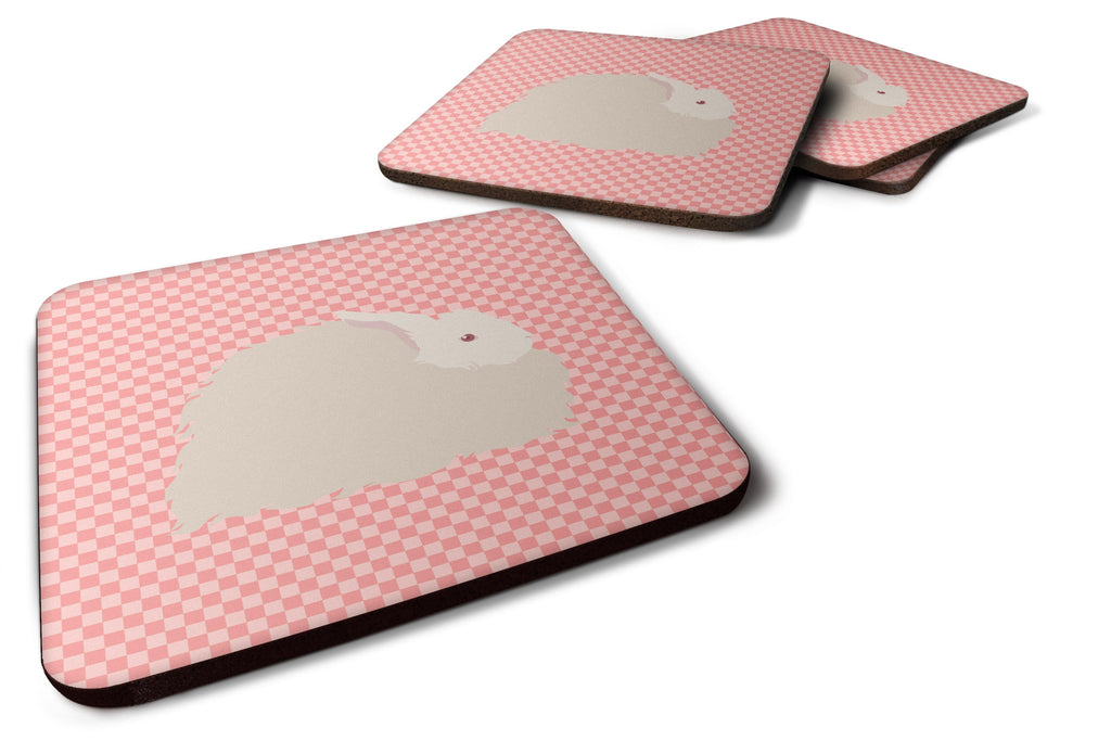 Fluffy Angora Rabbit Pink Check Foam Coasters Set of 4 Cup Coasters for Indoor Outdoor, Tabletop Protection, Anti Slip, Mouse pad Material