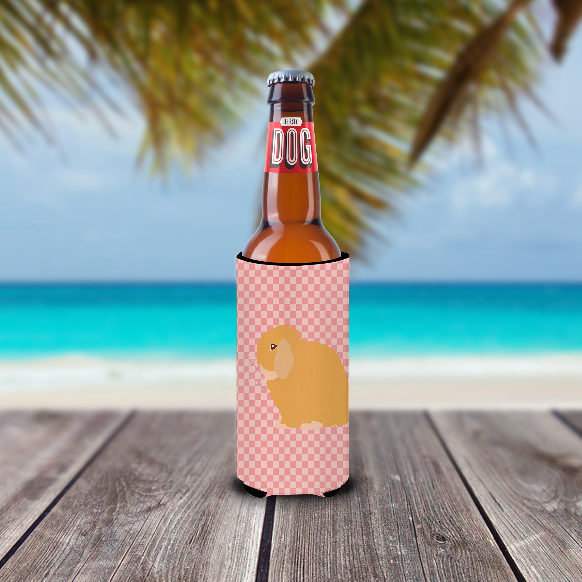 Holland Lop Rabbit Pink Check Slim Can Hugger , Insulated Foam Hugger for 12 oz Slim Cans, Beer Bottles & Water Bottles, Printed in USA