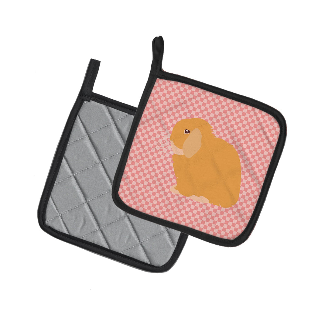 Holland Lop Rabbit Pink Check Pot Holder Set of 2 Heat Resistant Quilted Hot Pads 7.5 x 7.5 Inch, Insulated Kitchen Trivets for Cooking & Baking