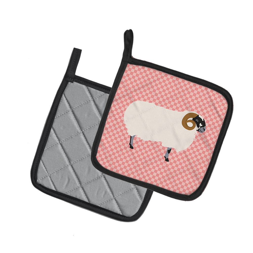 Scottish Blackface Sheep Pink Check Pot Holder Set of 2 Heat Resistant Quilted Hot Pads 7.5 x 7.5 Inch, Insulated Kitchen Trivets for Cooking & Baking