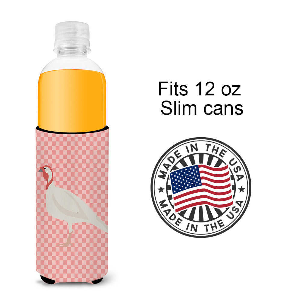 Beltsville Small White Turkey Hen Pink Check Slim Can Hugger , Insulated Foam Hugger for 12 oz Slim Cans, Beer Bottles & Water Bottles, Printed in USA