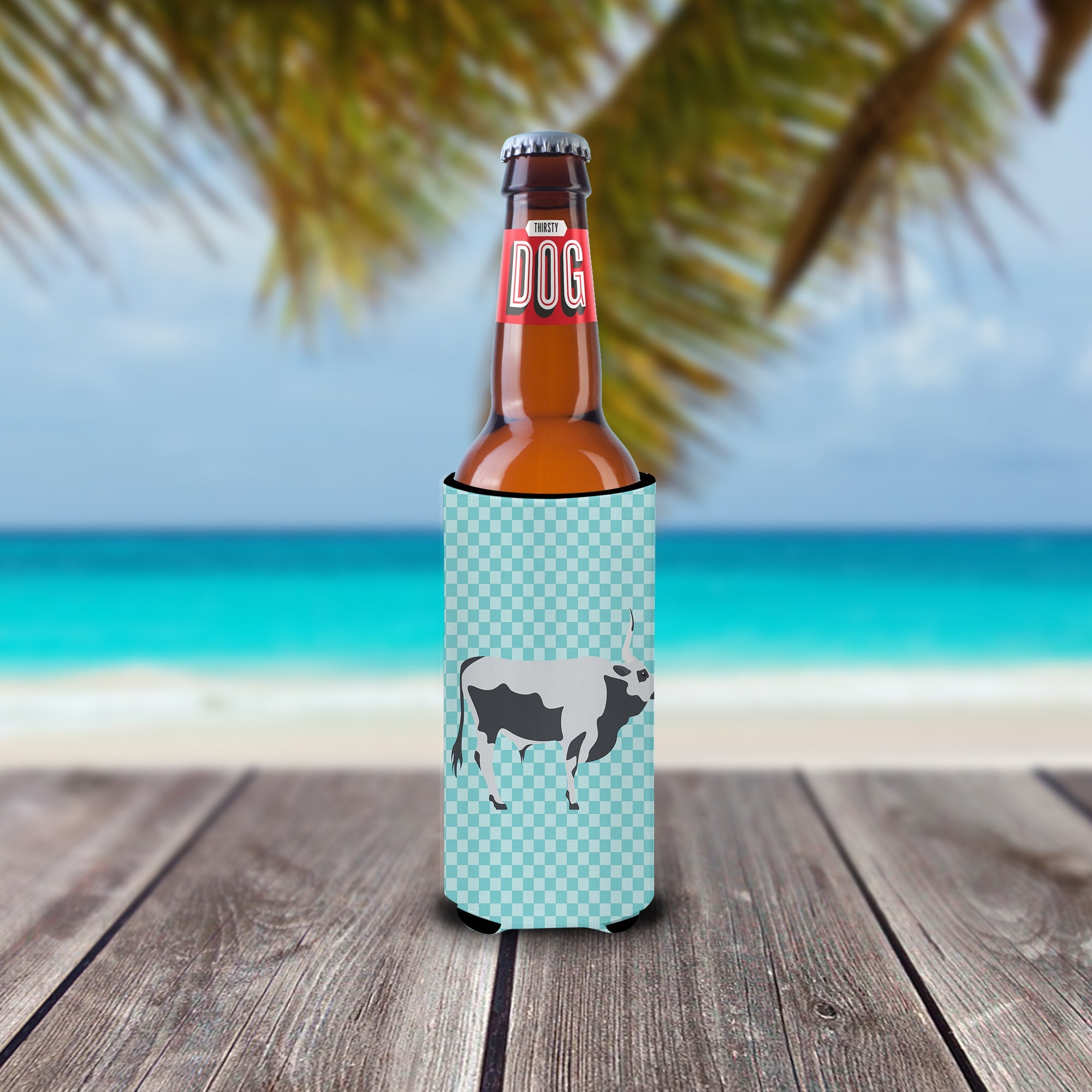 Hungarian Grey Steppe Cow Blue Check Slim Can Hugger , Insulated Foam Hugger for 12 oz Slim Cans, Beer Bottles & Water Bottles, Printed in USA