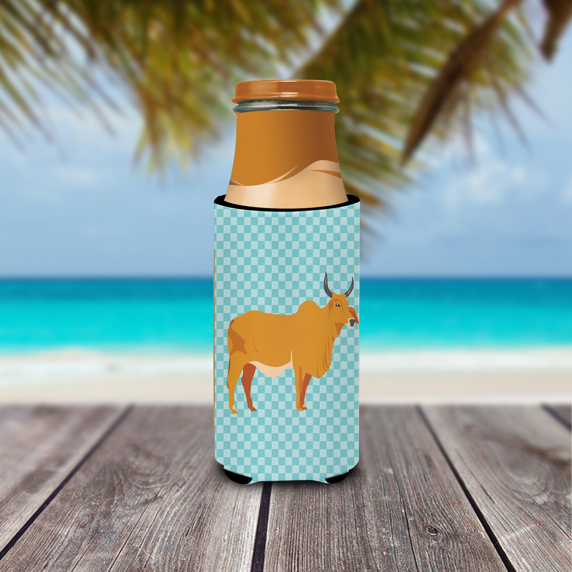 Zebu Indicine Cow Blue Check Slim Can Hugger , Insulated Foam Hugger for 12 oz Slim Cans, Beer Bottles & Water Bottles, Printed in USA