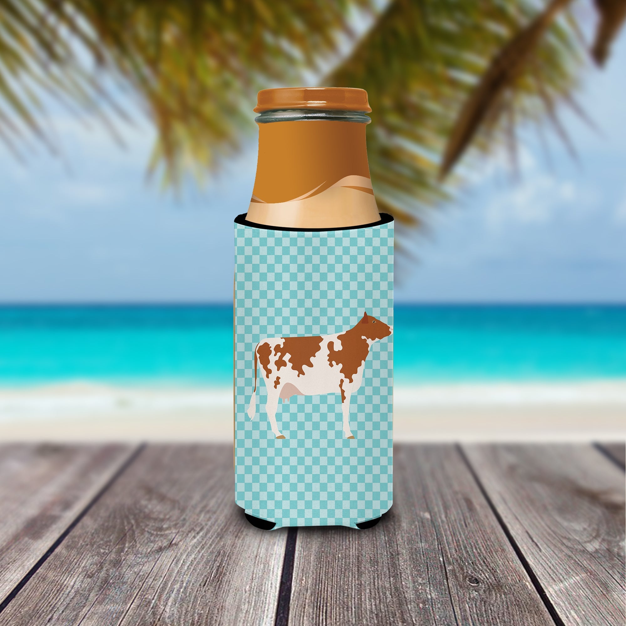Ayrshire Cow Blue Check Slim Can Hugger , Insulated Foam Hugger for 12 oz Slim Cans, Beer Bottles & Water Bottles, Printed in USA