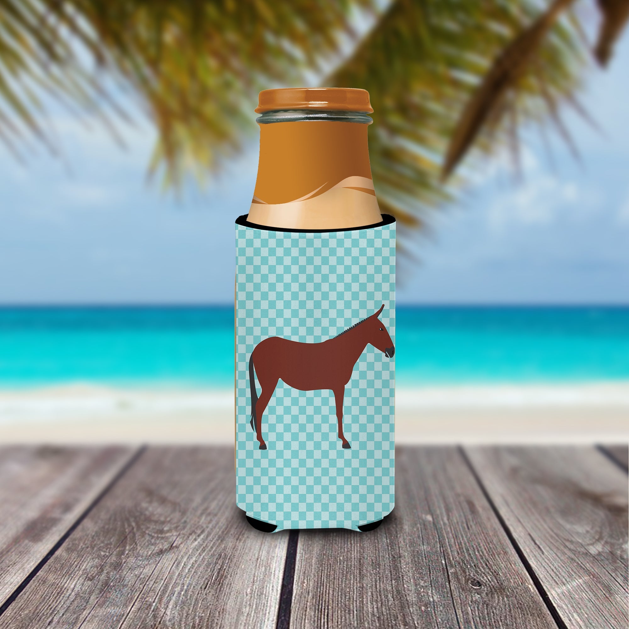 Hinny Horse Donkey Blue Check Slim Can Hugger , Insulated Foam Hugger for 12 oz Slim Cans, Beer Bottles & Water Bottles, Printed in USA