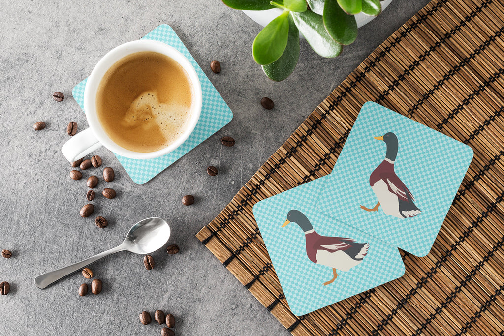 Rouen Duck Blue Check Foam Coasters Set of 4 Cup Coasters for Indoor Outdoor, Tabletop Protection, Anti Slip, Mouse pad Material