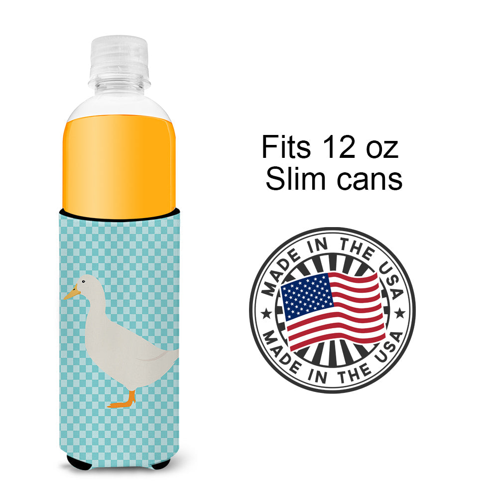 American Pekin Duck Blue Check Slim Can Hugger , Insulated Foam Hugger for 12 oz Slim Cans, Beer Bottles & Water Bottles, Printed in USA