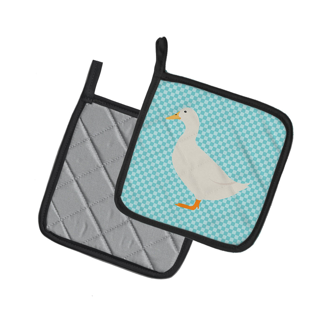 American Pekin Duck Blue Check Pot Holder Set of 2 Heat Resistant Quilted Hot Pads 7.5 x 7.5 Inch, Insulated Kitchen Trivets for Cooking & Baking