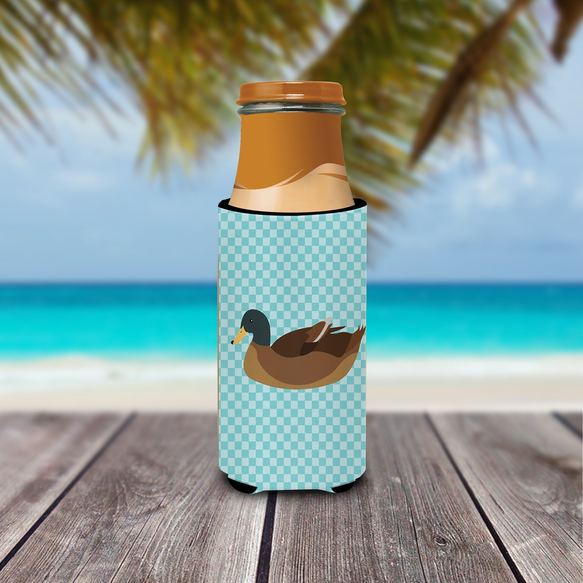 Khaki Campbell Duck Blue Check Slim Can Hugger , Insulated Foam Hugger for 12 oz Slim Cans, Beer Bottles & Water Bottles, Printed in USA