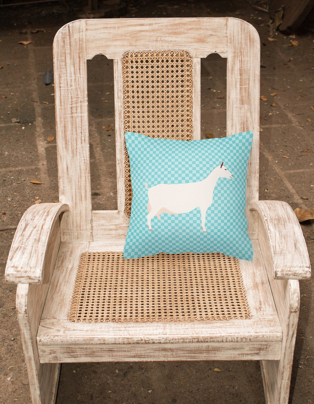 Saanen Goat Blue Check Decorative Throw Pillow 18x18 Indoor Outdoor Accent Cushion, Fabric Cover with Insert for Sofa, Bed, Porch & Living Room