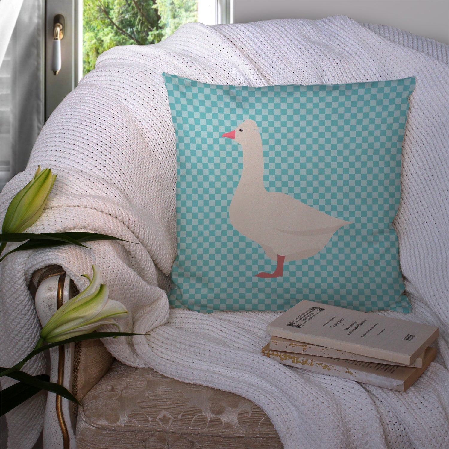 Roman Goose Blue Check Decorative Throw Pillow 14x14 Indoor Outdoor Accent Cushion, Fabric Cover with Insert for Sofa, Bed, Porch & Living Room