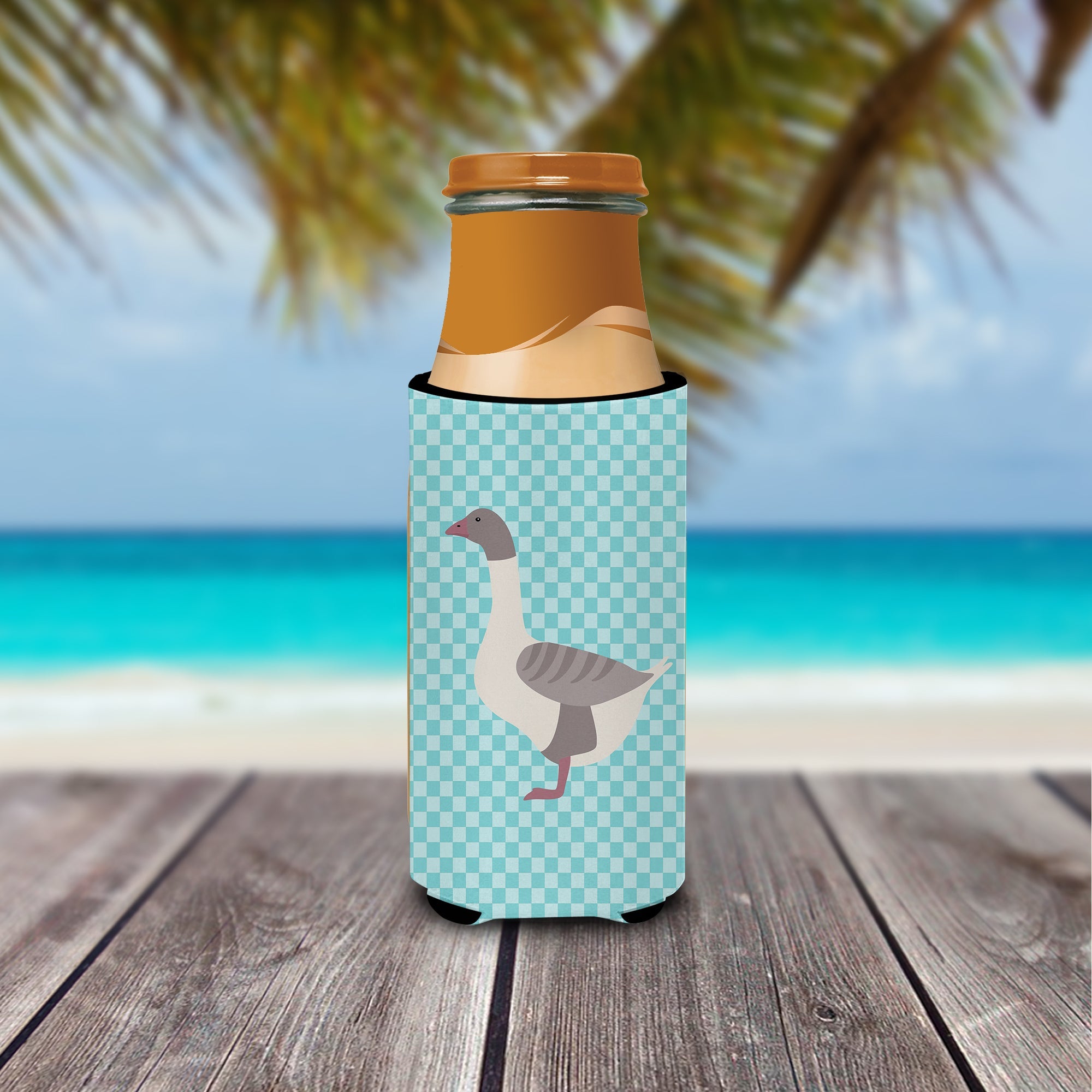 Buff Grey Back Goose Blue Check Slim Can Hugger , Insulated Foam Hugger for 12 oz Slim Cans, Beer Bottles & Water Bottles, Printed in USA