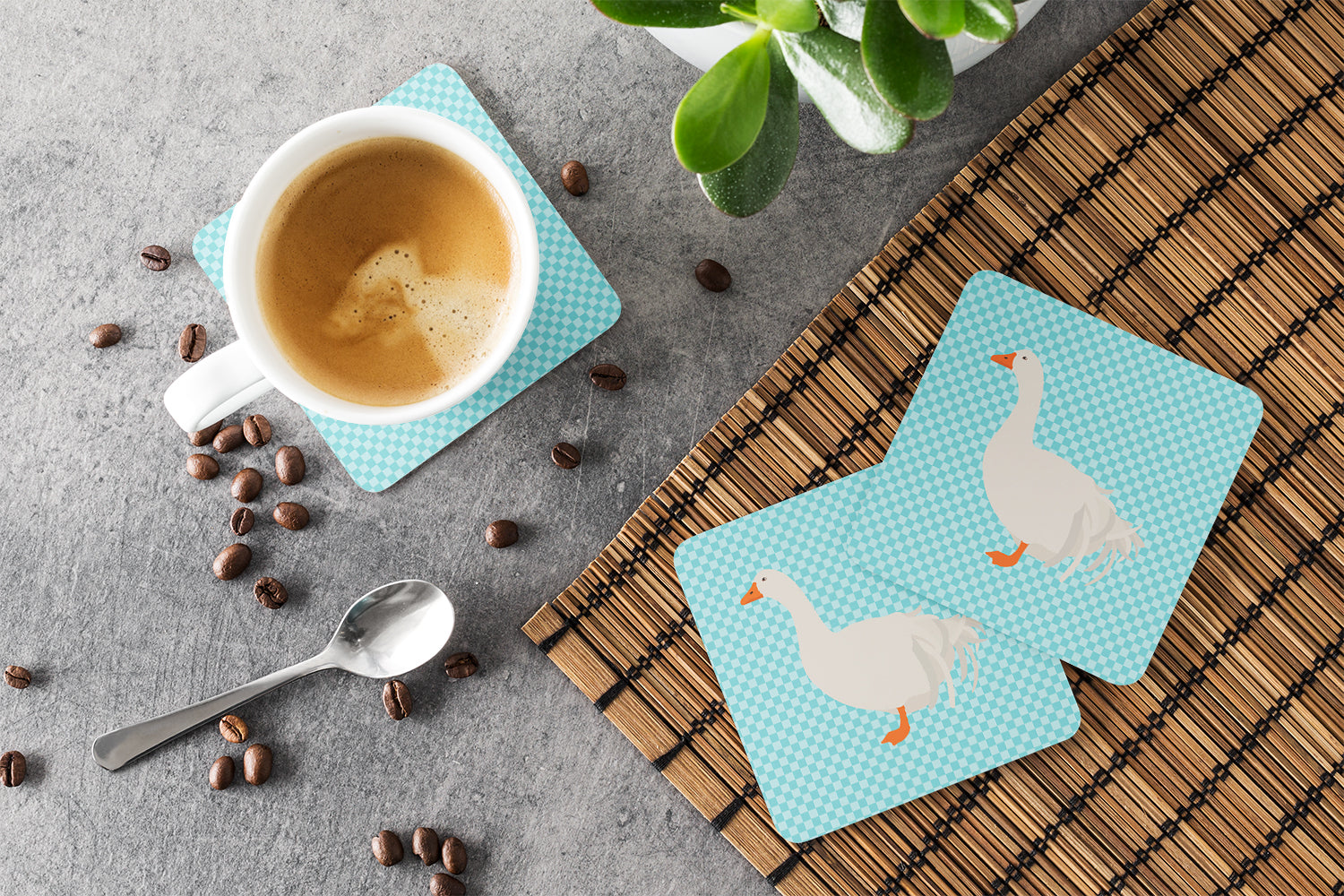 Sebastopol Goose Blue Check Foam Coasters Set of 4 Cup Coasters for Indoor Outdoor, Tabletop Protection, Anti Slip, Mouse pad Material