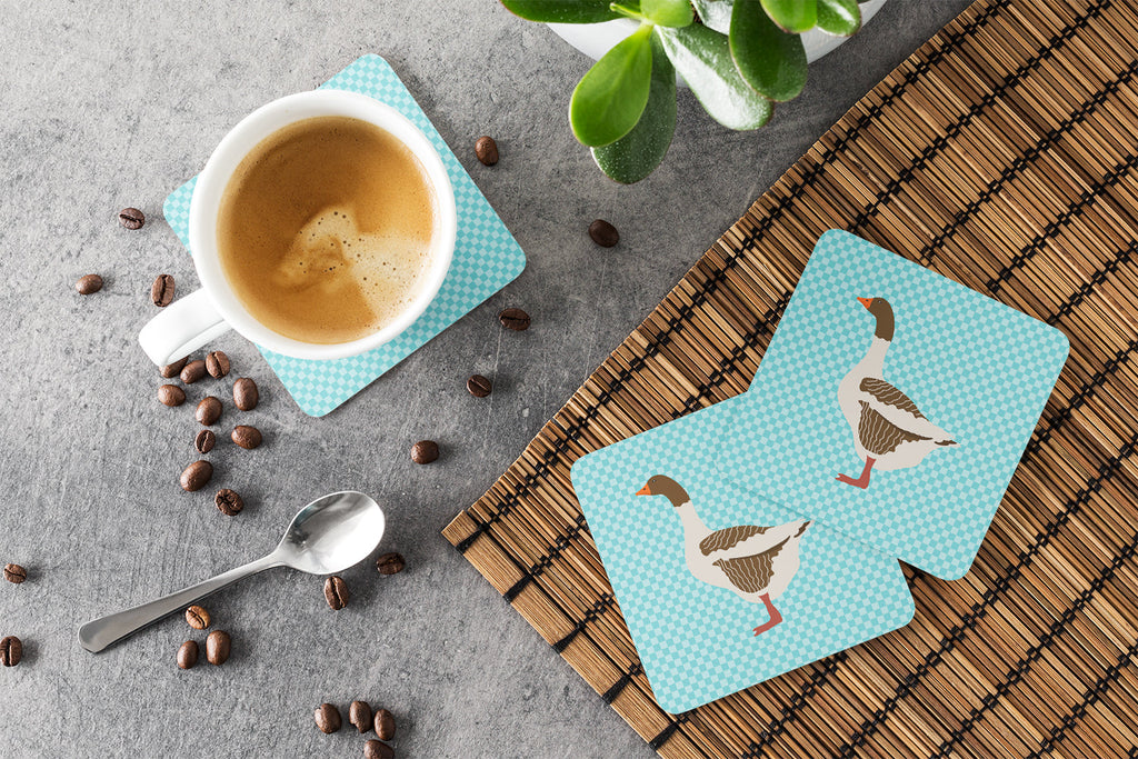 Pomeranian Rogener Goose Blue Check Foam Coasters Set of 4 Cup Coasters for Indoor Outdoor, Tabletop Protection, Anti Slip, Mouse pad Material