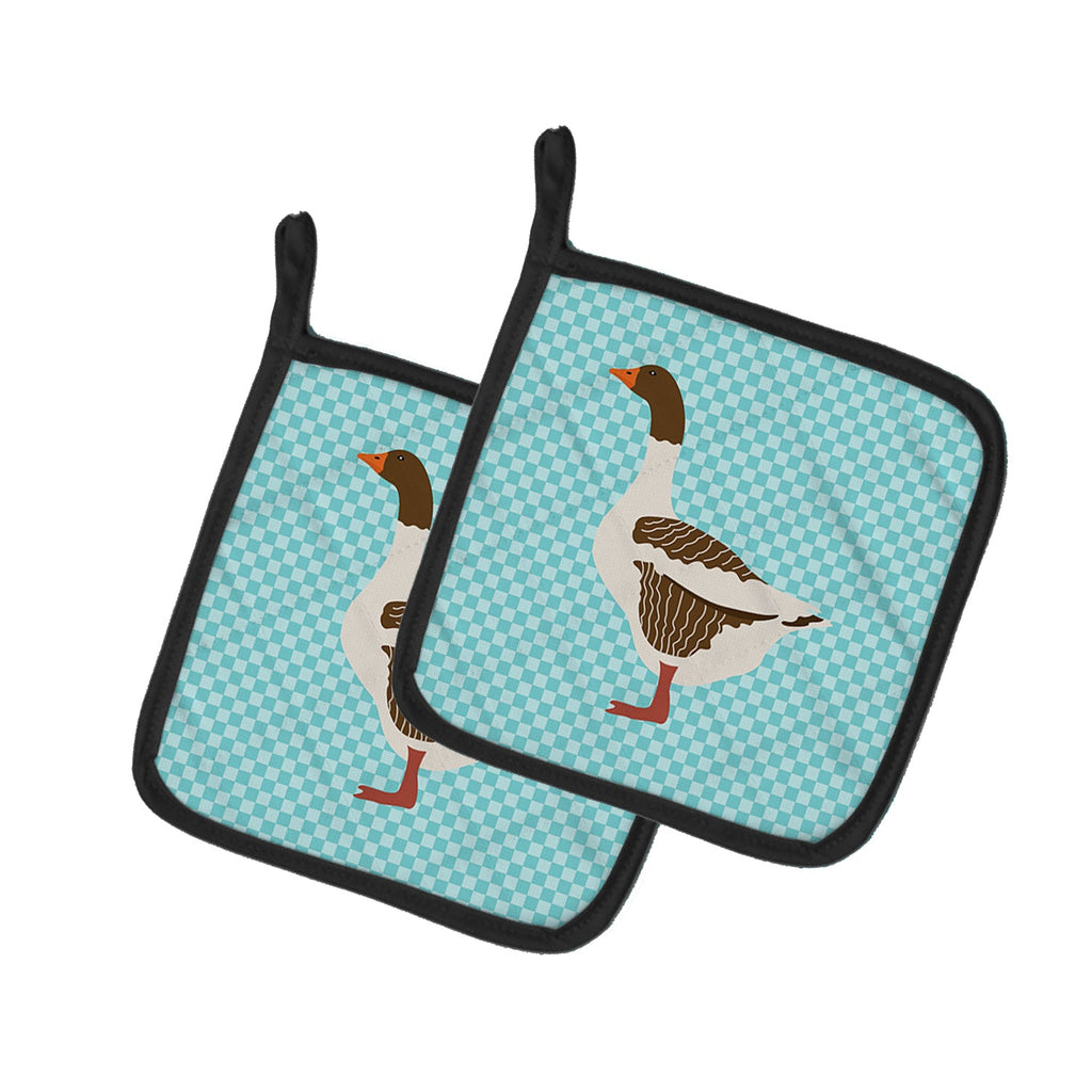 Pomeranian Rogener Goose Blue Check Pot Holder Set of 2 Heat Resistant Quilted Hot Pads 7.5 x 7.5 Inch, Insulated Kitchen Trivets for Cooking & Baking