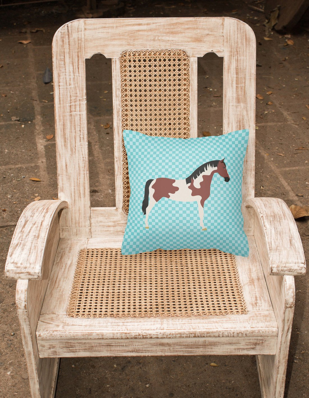 Pinto Horse Blue Check Decorative Throw Pillow 18x18 Indoor Outdoor Accent Cushion, Fabric Cover with Insert for Sofa, Bed, Porch & Living Room