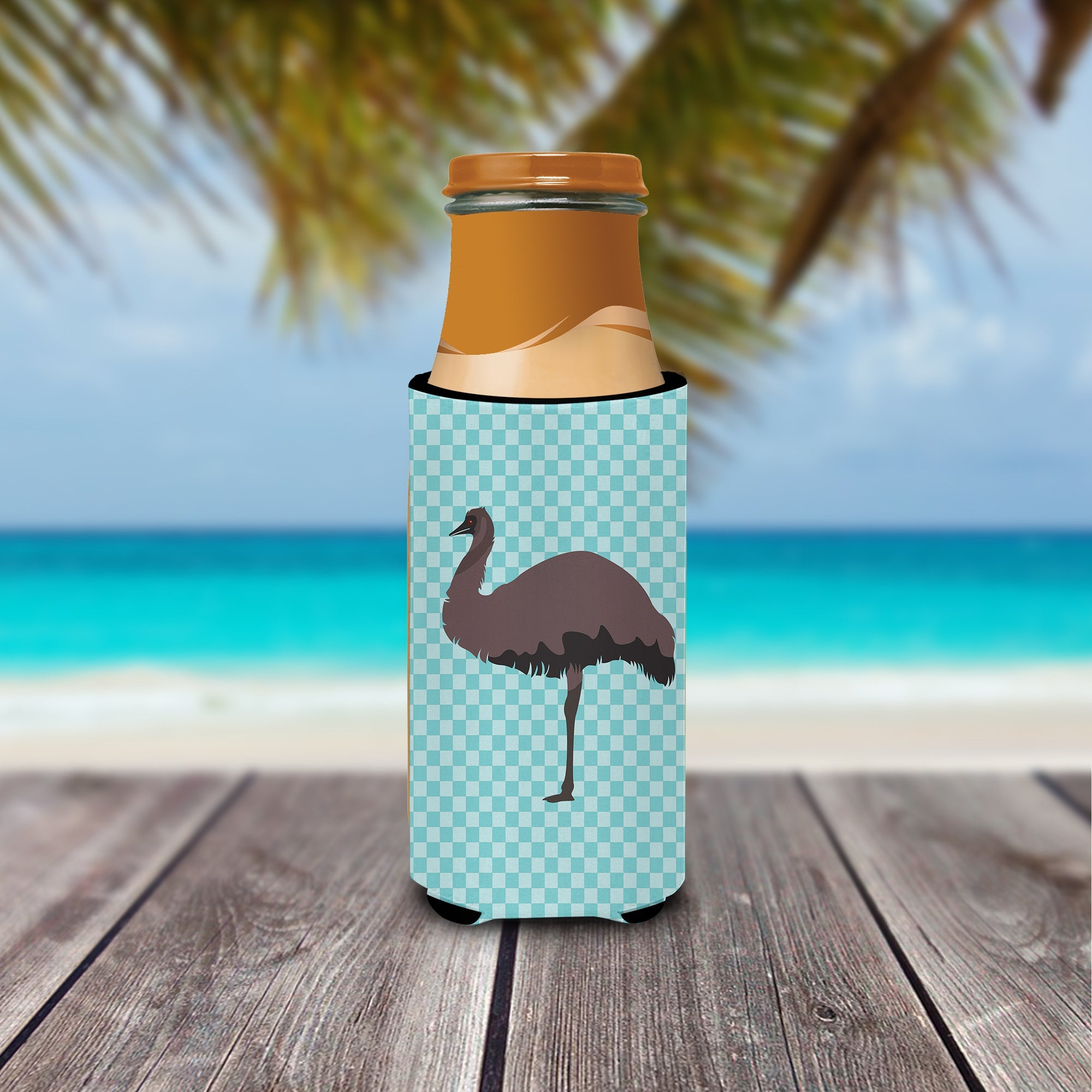 Emu Blue Check Slim Can Hugger , Insulated Foam Hugger for 12 oz Slim Cans, Beer Bottles & Water Bottles, Printed in USA