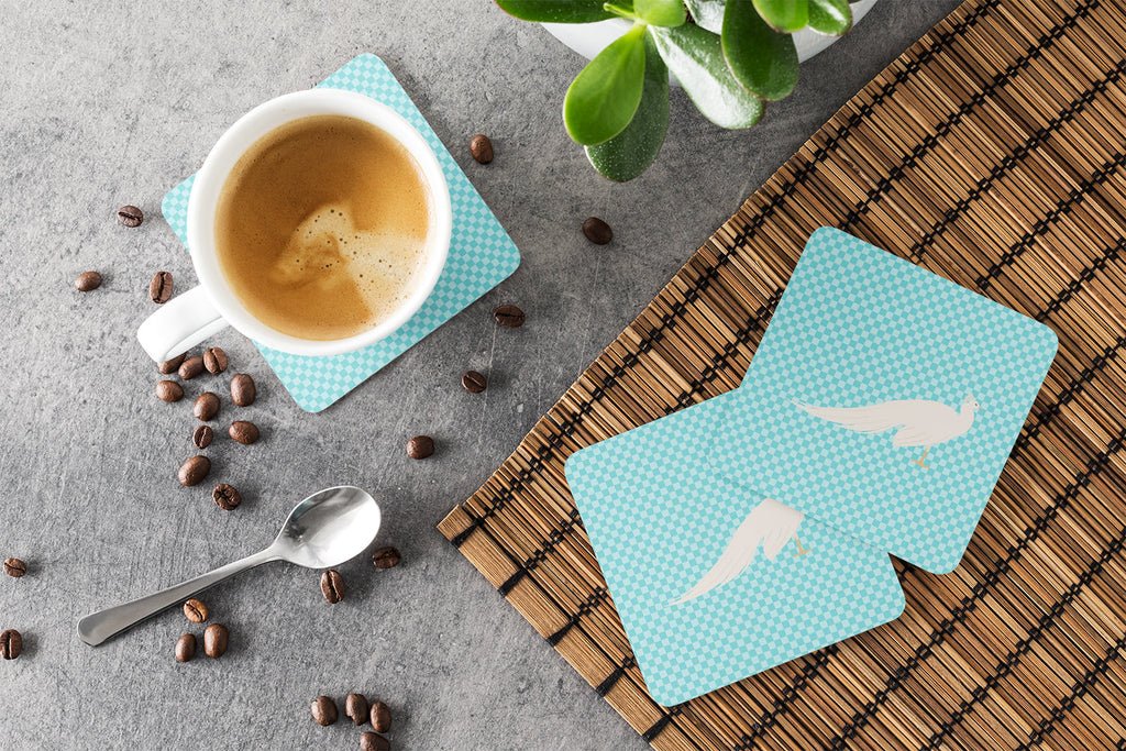 White Peacock Peafowl Blue Check Foam Coasters Set of 4 Cup Coasters for Indoor Outdoor, Tabletop Protection, Anti Slip, Mouse pad Material
